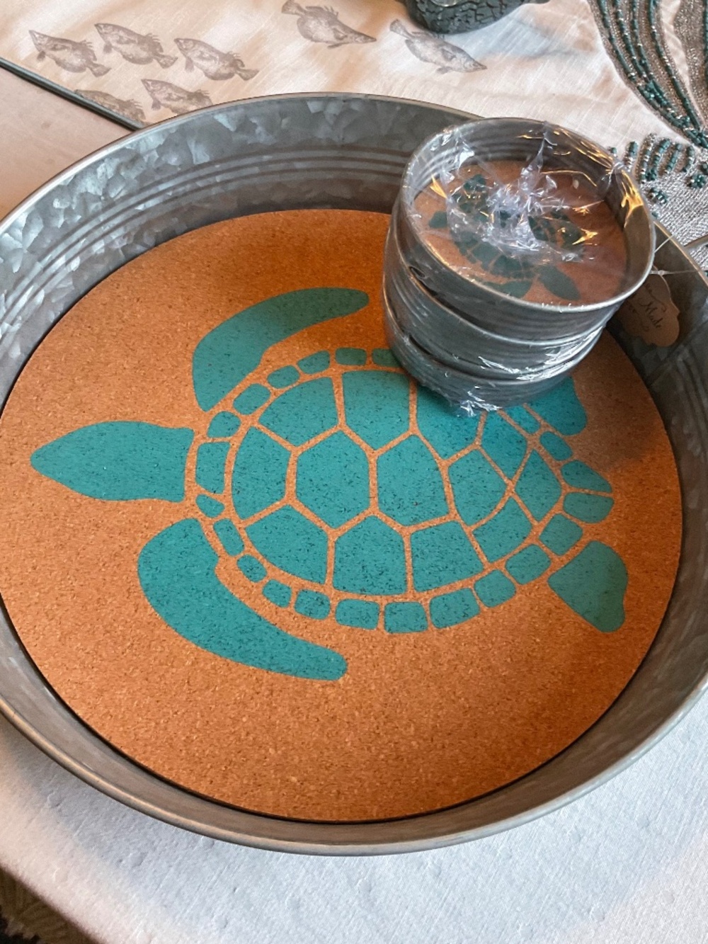 Coastal Tin Serving Tray with 4 Matching Coasters all with Turtle Decor